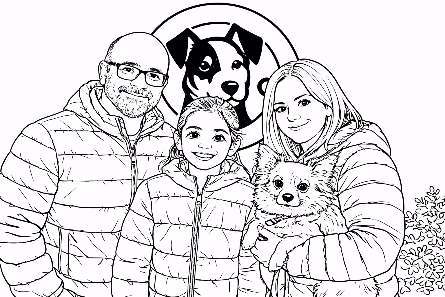 MemoSketch black and white coloring page generated from the family photo