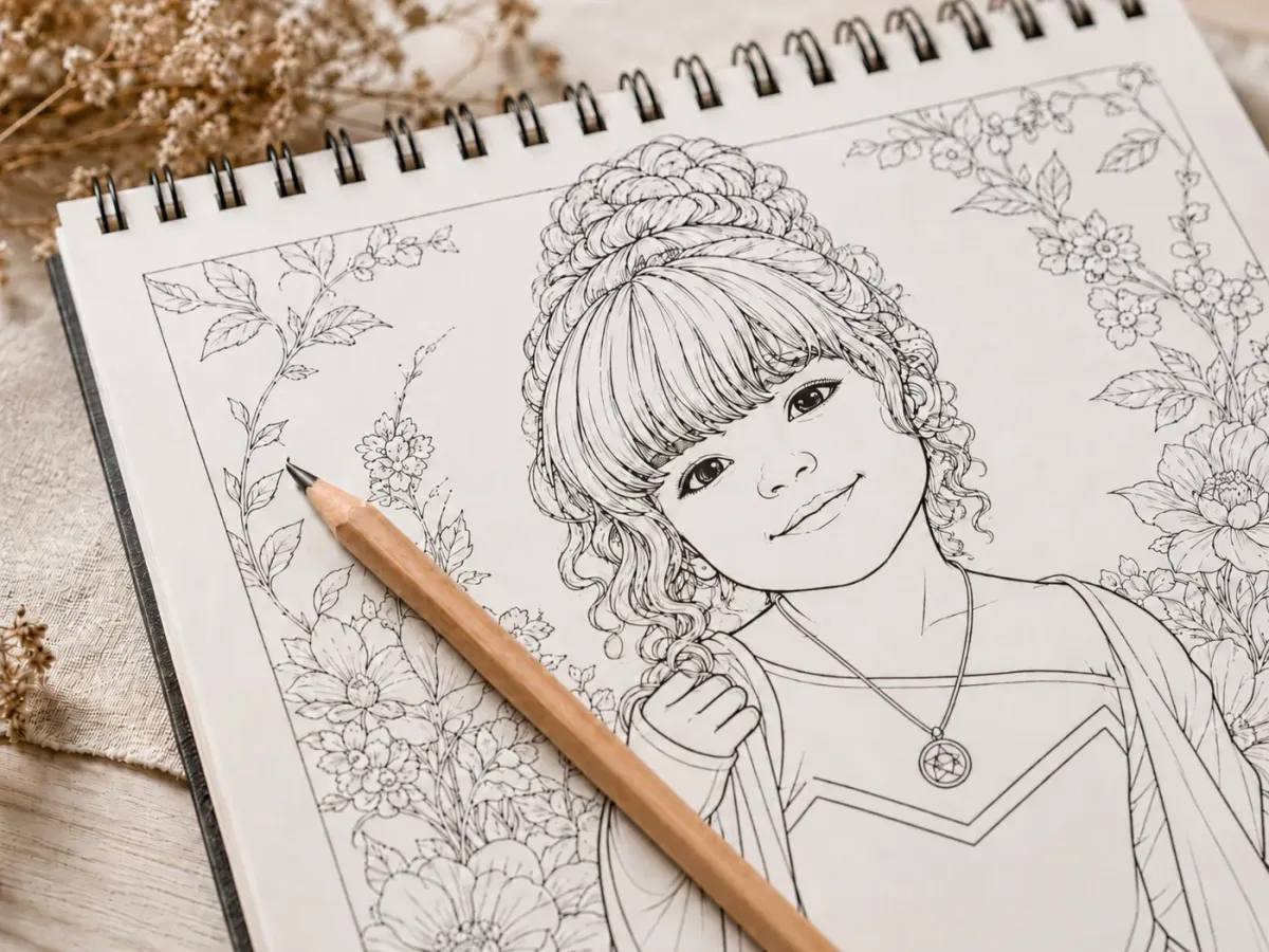 Close-up of a MemoSketch coloring page showing detailed line art, with a pencil resting on the page
