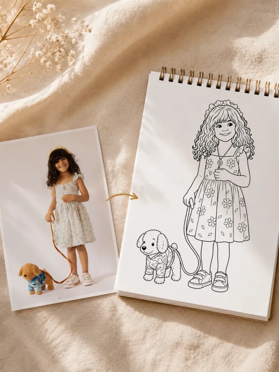A young girl holding open her custom MemoSketch coloring book